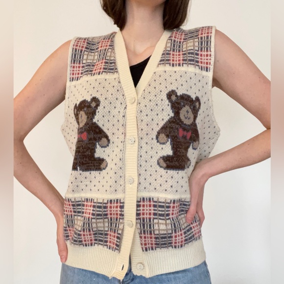 90’s vintage teddy bear knit sweater vest/ large - Picture 4 of 13